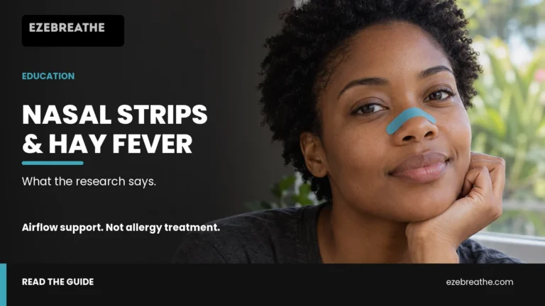 Nasal strips and hay fever: what the research says, with a woman wearing a blue Ezebreathe strip.
