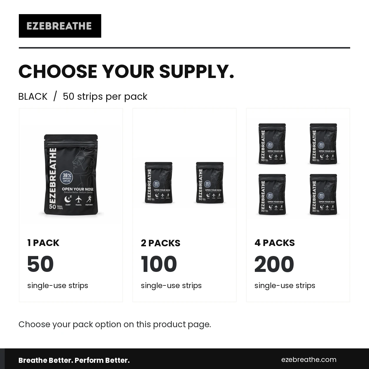 Ezebreathe black strip supply options: one pack of 50, two packs of 100, or four packs of 200 strips.