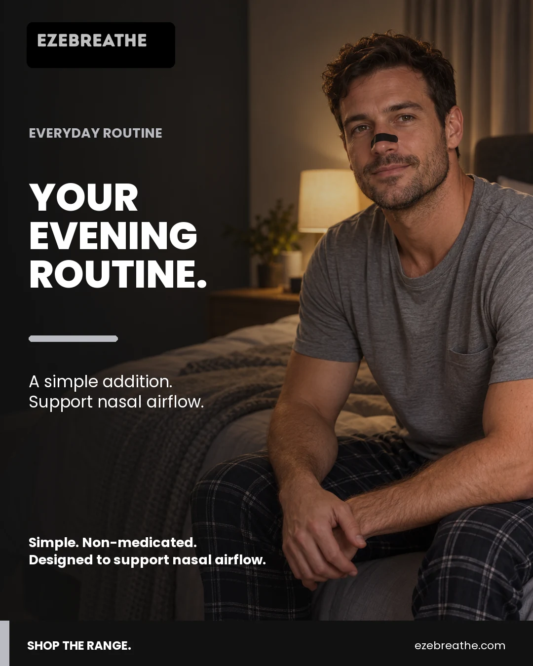 Man wearing a black Ezebreathe nasal strip while preparing for his evening routine.