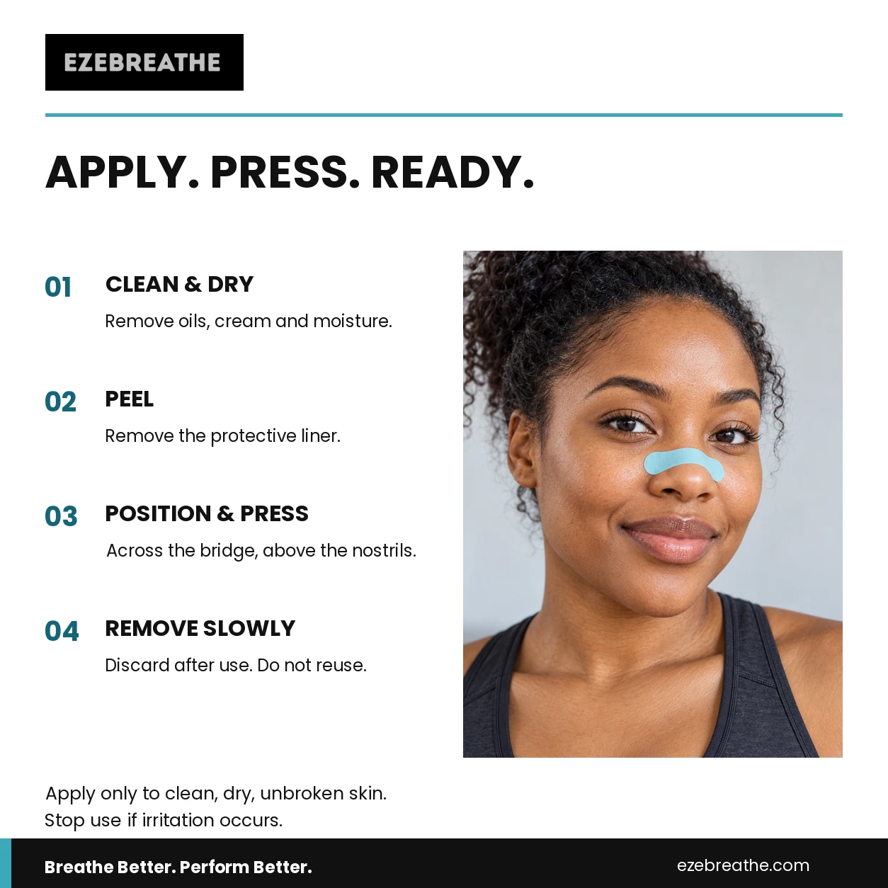 How to apply an Ezebreathe nasal strip: clean and dry, peel, position and press, then remove slowly.