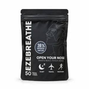 Ezebreathe black nasal strips, 50-strip resealable pack.