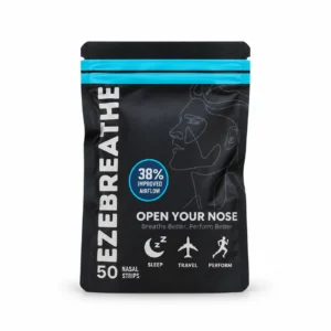 Ezebreathe blue nasal strips, 50-strip resealable pack with blue accents.