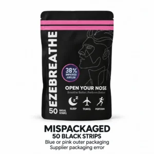MISPACKAGED Ezebreathe pack containing 50 black nasal strips in blue or pink outer packaging due to a supplier packaging error.