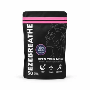 Ezebreathe pink nasal strips, 50-strip resealable pack with pink accents.